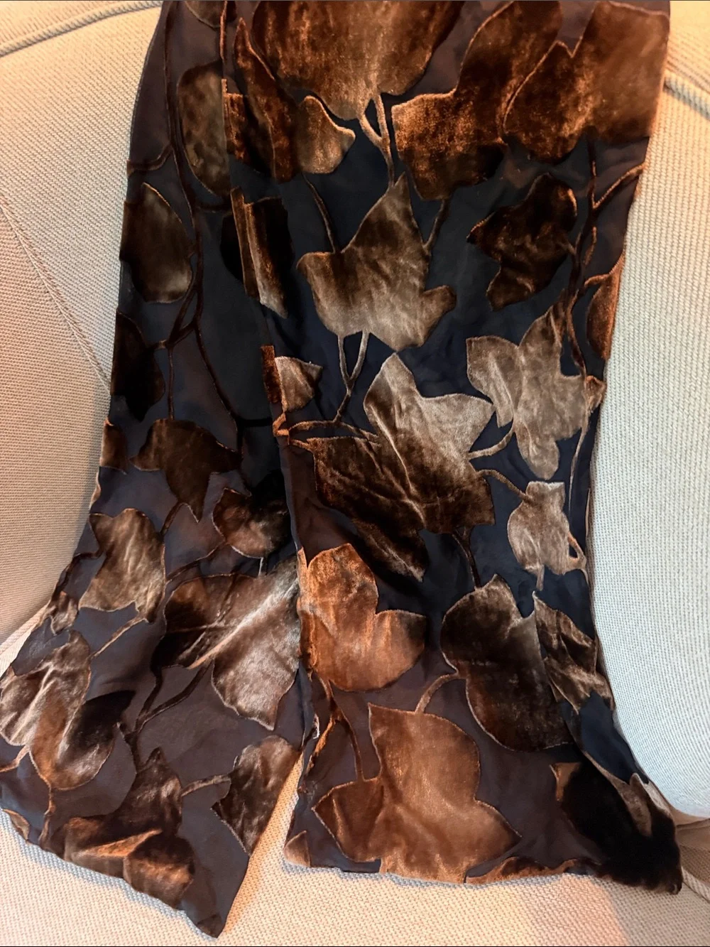 Vintage Gold Foil Leaf Pattern Scarf Wrap | Double Sided Two-Ply burnout velvet